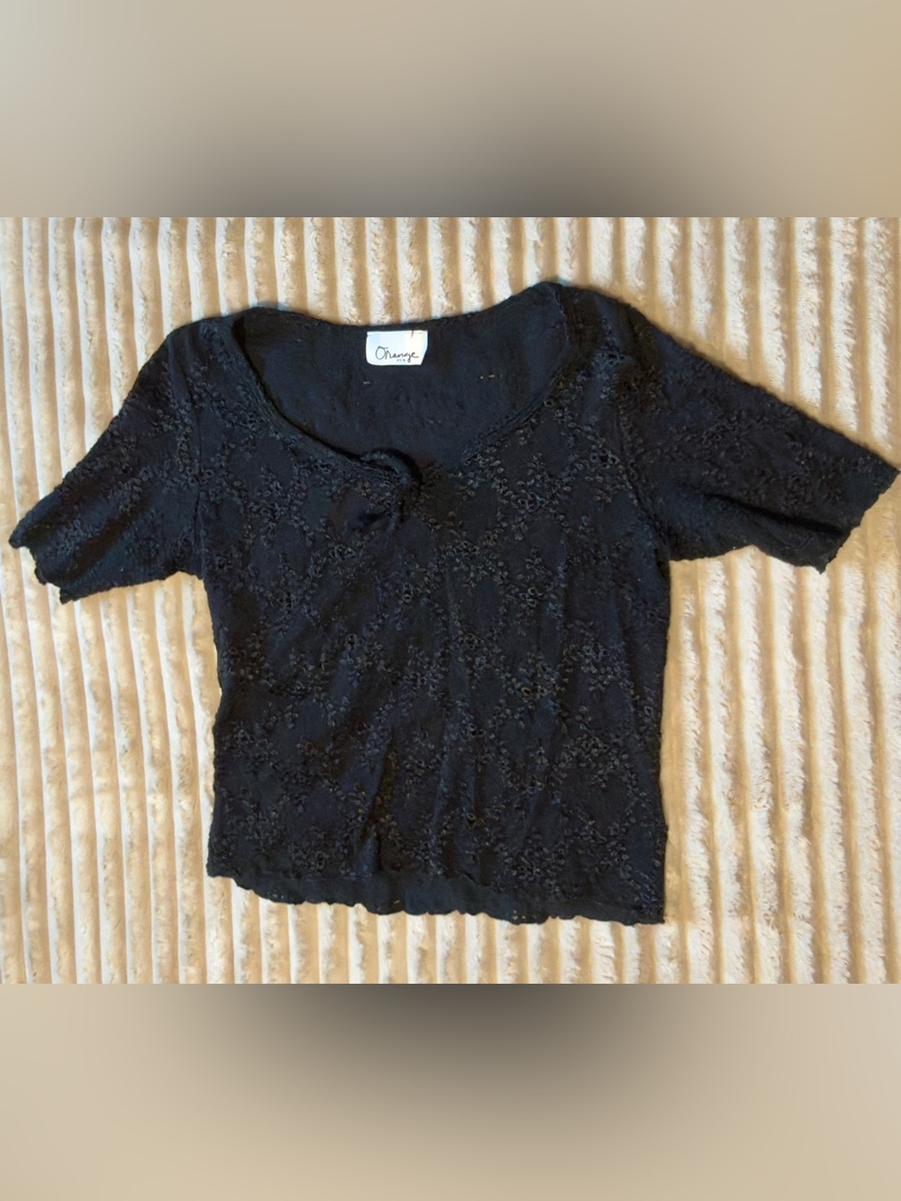 Orange U.S.A. Vintage Black Floral Eyelet Lace Textured Crop Top